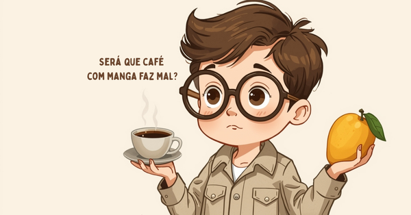 imagem ilustrativa menino com uma xicara de cafe e um manga na maoo, perguntando sera que cafe com manga faz mal?