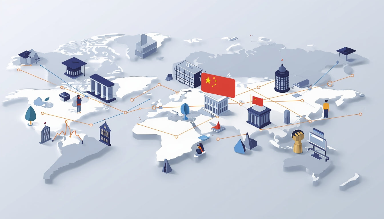 Ilustração editorial mostra a China em destaque no mapa do mundo, simbolizando o avanço acadêmico global.